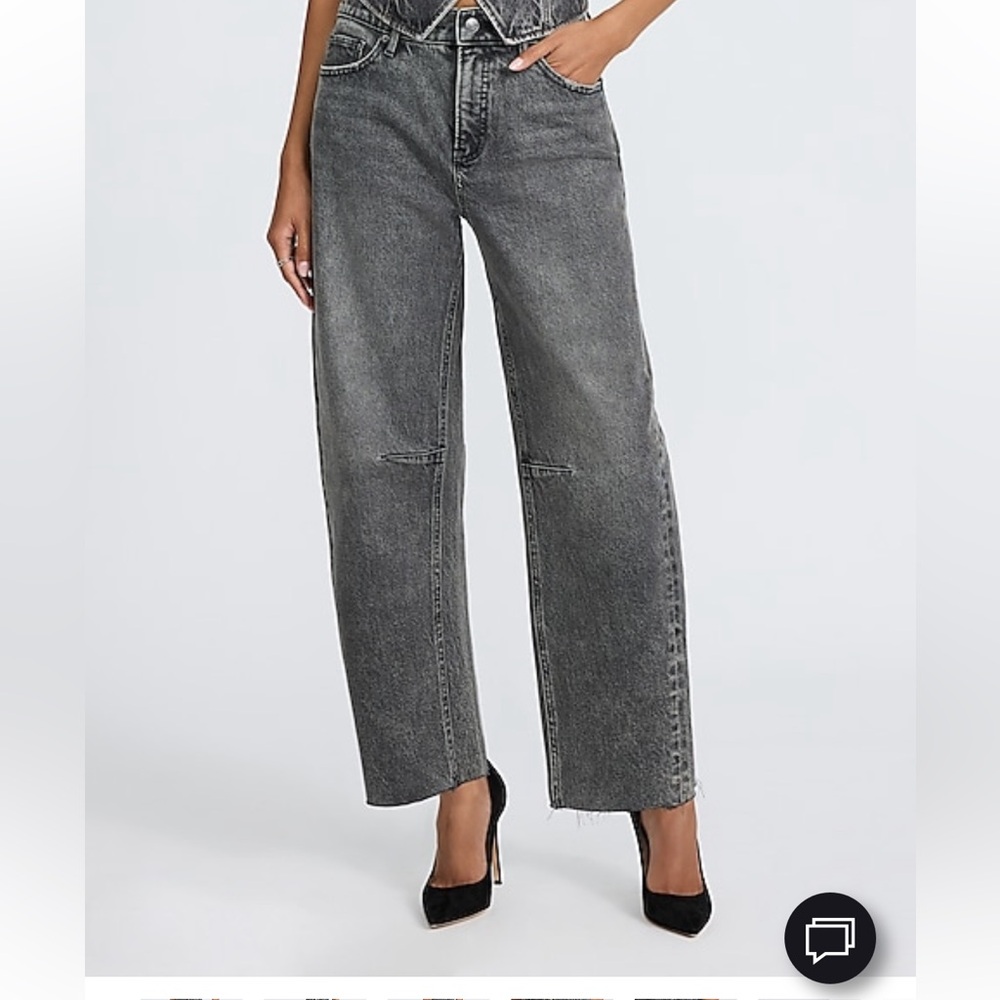 Express Mid Rise Washed Black Raw Hem Barrel Jean